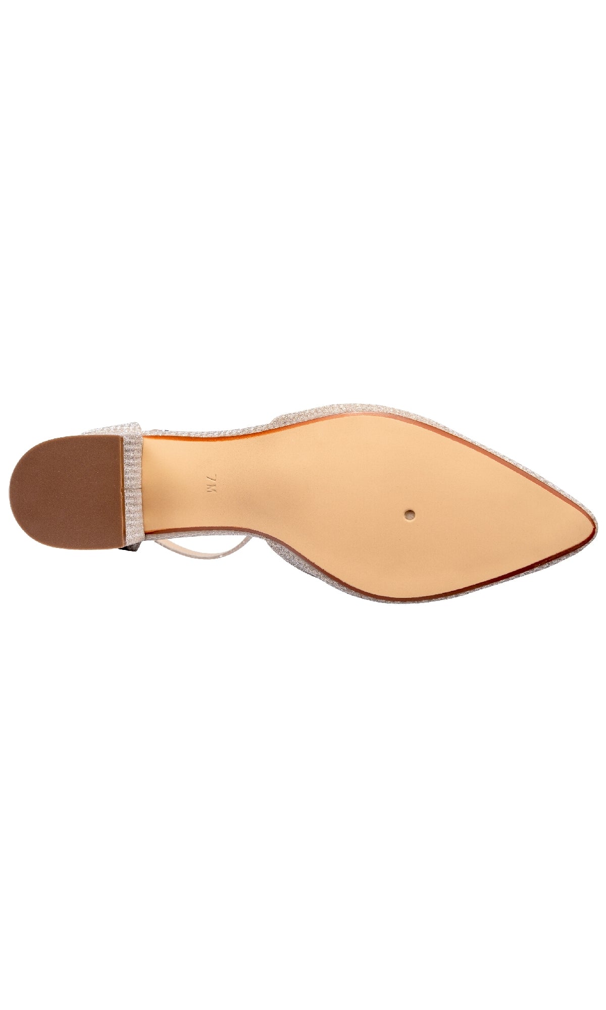 The sole of the Tegan Champagne Shimmer Prom Shoes by Touch Ups 4664, seen from below, features a smooth beige surface and a small block heel—ideal for anyone seeking chic block heel prom shoes.
